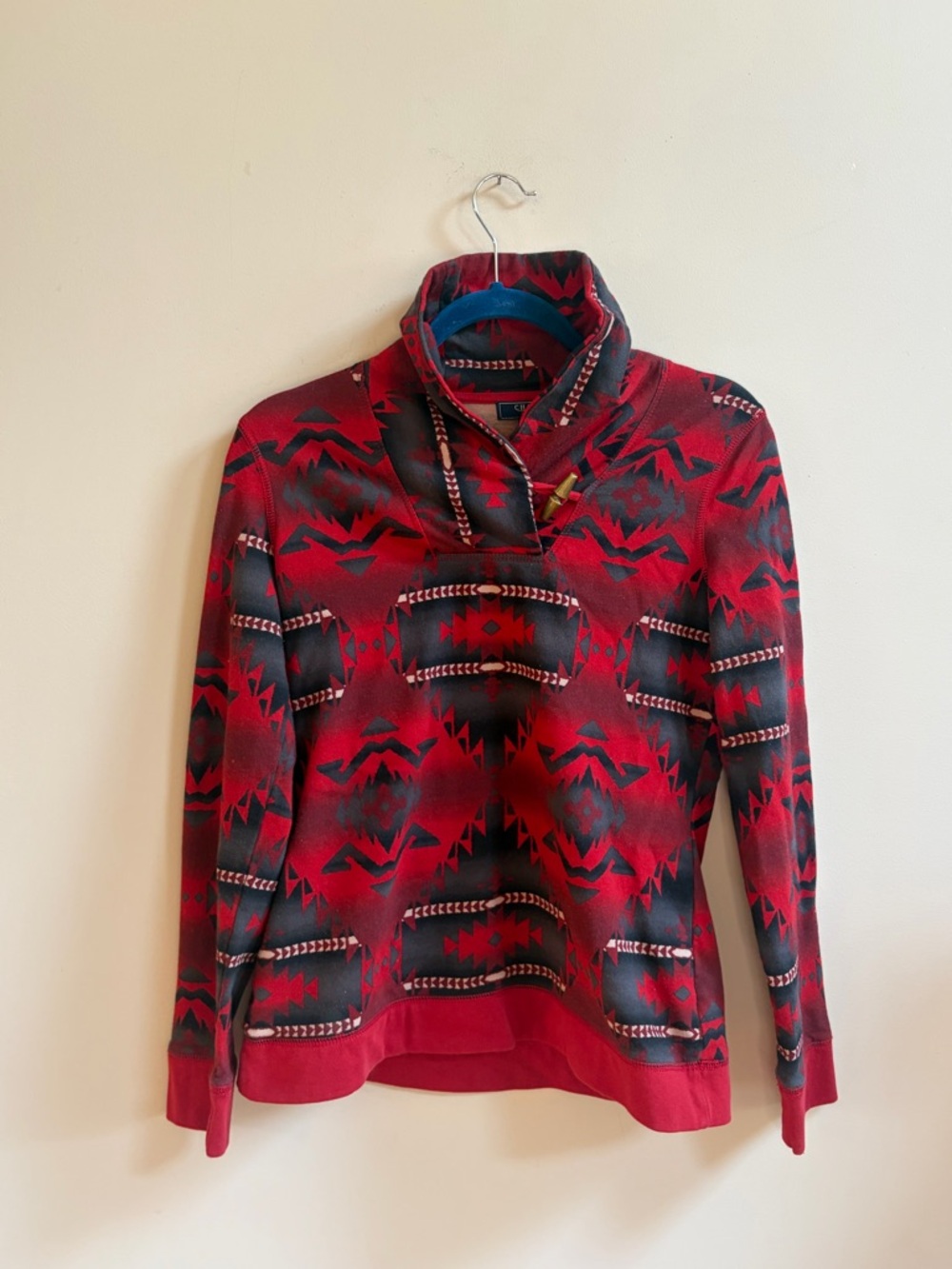 Chaps Denim Aztec Southwestern Sweatshirt Top Shirt Toggle Red Black Pullover
